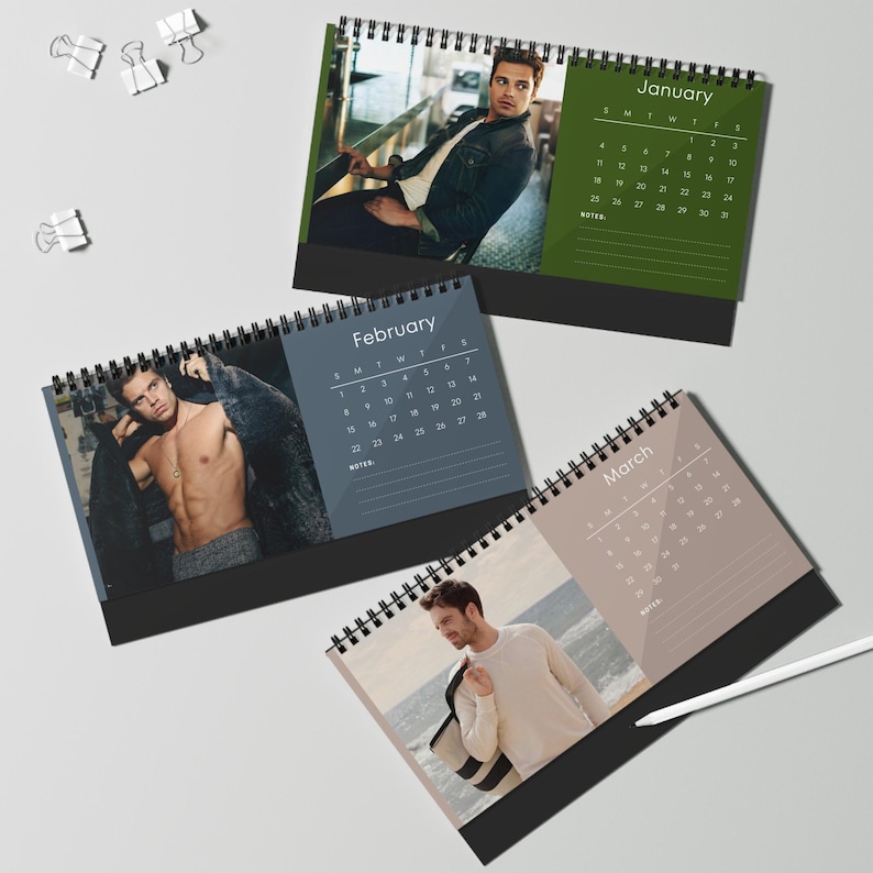 May include: Three spiral-bound desk calendars with photos for January, February, and March. The January calendar has a green background, the February calendar has a blue background, and the March calendar has a tan background. Each calendar displays the month and days.