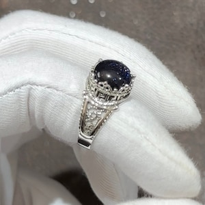 Blue Goldstone Silver Filigree Promise Ring, Sterling Silver Sandstone Artisan Hand Crafted Made Greek Key Women Statement Cocktail Ring