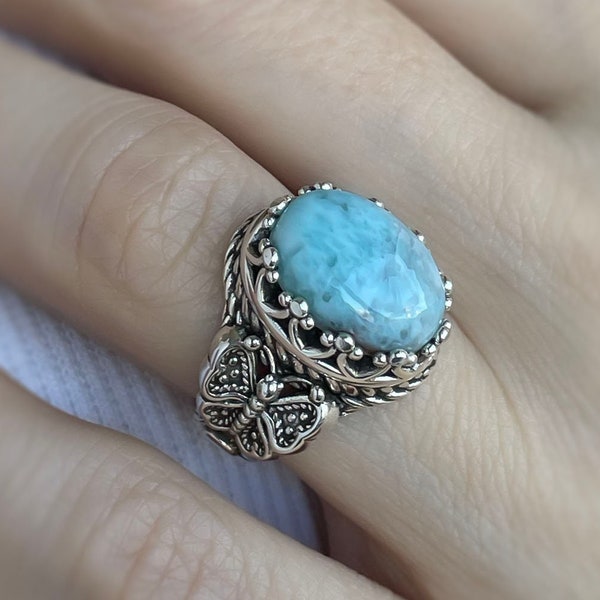 Larimar plata mariposa Atlantis Ocean Ring, 925 esterlina artesanal filigrana hecha a mano piedra mitológica mujeres anillo de cóctel joyería, regalarla