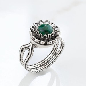 Malachite Silver Nature Green Daisy Boho Ring, 925 Sterling Artisan Handmade Statement Ring, Filigree Floral Women Cocktail Ring