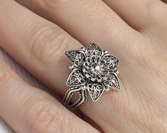 925 Sterling Silver Filigree Lily Women Ring, Handmade Floral Filigree Lotus Art Nouveau Statement Ring, Nature Flower Cocktail Ring Gift