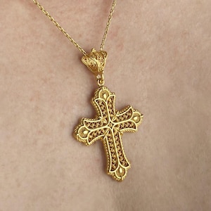 Gold Religious Victorian Cross Pendant Necklace, 925 Sterling Silver, Latin Christian Gift, Women Filigree Holy Cross Jewelry, Gold Plated