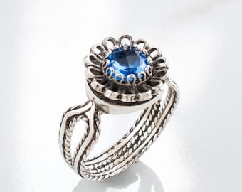 ブルークォーツシルバーボヘミアンデイジーフラワーリング、925