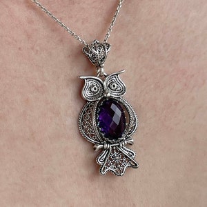 Amethyst Silver Owl Victorian Pendant Necklace, 925 Sterling Silver Artisan Handmade Filigree Fancy Animal Lover Jewelry, Owl Lover Gift