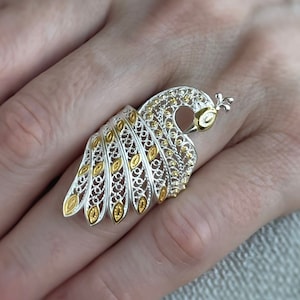 Gold Plated Silver Boho Peacock Statement Ring, 925 Sterling Artisan Made Handcrafted Filigree Women Peacock Cocktail Ring