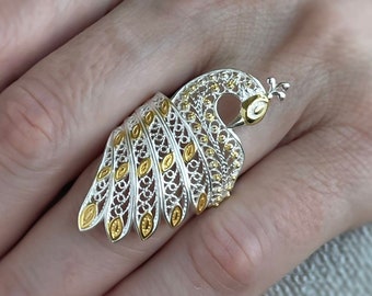 Gold Plated Silver Boho Peacock Statement Ring, 925 Sterling Artisan Made Handcrafted Filigree Women Peacock Cocktail Ring