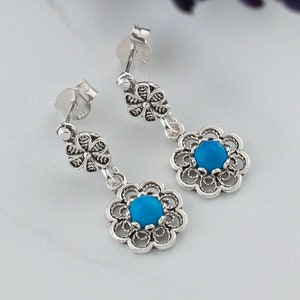 Turquoise Silver Minimalist Boho Dangle Earrings, 925 Sterling Tiny Floral Drop Earrings Artisan Handcrafted Filigree Earrings