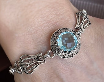 Sky Blue Topaz Silver Victorian Floral Bracelet, 925 Sterling Silver Genuine Gemstone Artisan Handmade Filigree Bracelet Women Jewelry