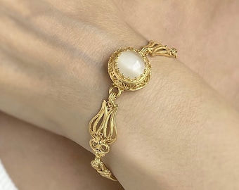 Gold weiße Perle Boho Stil Silber viktorianischen Armband, 925 Sterling Vergoldetes Perlmutt Handwerker handgemachtes filigranes Armband