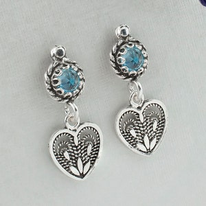 Blue Topaz Minimalist Silver Earrings Heart Dangle, 925 Sterling Heart Drop Earrings Artisan Handcrafted Filigree