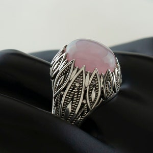 Rose Quartz Silver Leaves Oval Cocktail Ring, 925 Sterling Artisan Made Filigree Jewelry, Nature Inspired Twig and Leaf Oval Statement Ring