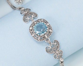 Sky Blue Topaz 925 Sterling Silver Boho Bracelet Artisan Handcrafted Filigree Adjustable Bracelet Genuine Gemstones Women Jewelry