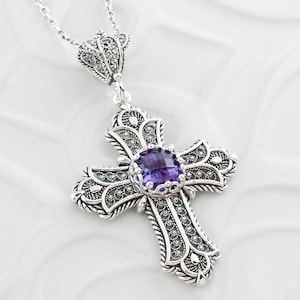 Amethyst Silver Holy Cross Baptism Pendant Necklace, Sterling Silver Handmade Filigree Religious Christian Unisex Protective Gift Necklace