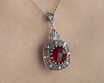 Ruby Gemstone Silver Gothic Pendant Necklace, 925 Sterling