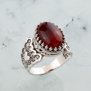 Carnelian Silver Oval Gothic Heart Love Ring, 925 Sterling Artisan Made Jewelry, Handmade Heart Detailed Filigree Goth Women Cocktail Ring