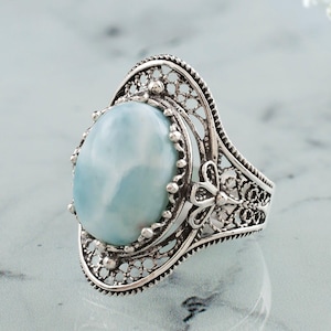 Larimar Silber Atlantis Ozean Oval Frauen Ring, 925 Sterling Artisan Mythologisch Edelstein Filigree Blau Cocktail Ring, Goth Statement Ring