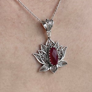Ruby Corundum Silver Red Lotus Pendant Necklace, 925 Sterling Silver Artisan Made Filigree Floral Water Lily Women Jewelry, Victoria Flower