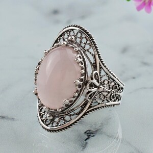 Rose Quartz Silver Filigree Floral Women Ring, 925 Sterling Silver Artisan Made Oval Women Statement Ring, Handmade Boho Cocktail Ring