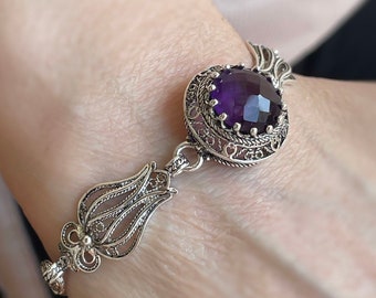 Amethyst Sterling Silver Victorian Floral Bracelet, Genuine Gemstone Artisan Handmade Filigree Adjustable Bracelet Women Jewelry