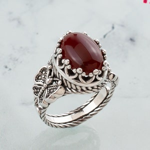 Carnelian Silver Butterfly Handmade Women Ring, 925 Sterling Artisan Made Filigree Monarch Butterfly Cocktail Ring Jewelry, Gift Her