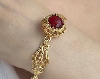 Gold Ruby Vintage Style Silver Edwardian Bracelet, 925 Sterling Gold Plated Red Quartz Gemstone, Handmade Antique Design Filigree Bracelet