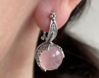Rosenquarz Silber Frauen Tropfen Ohrringe, 925 Sterling Rosa Quarz Edelsteine Handgemachte filigrane Gänseblümchen Blume baumeln Ohrringe