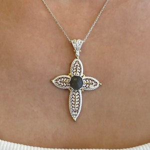 Gray Moonstone Silver Large Cross Boho Pendant Necklace, 925 Sterling Silver Artisan Handmade Filigree Fancy Cross Jewelry w/ Rhodium Plated