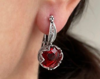 Ruby Silver Vintage Floral Women Drop Earrings, 925 Sterling Red Quartz Gemstones Handmade Filigree Daisy Flower Dangle Earrings Jewelry