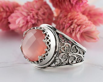 Pink Chalcedony Silver Floral Boho Statement Ring 925 Sterling Artisan Made Jewelry Handcrafted Filigree Genuine Gemstone Cocktail Ring