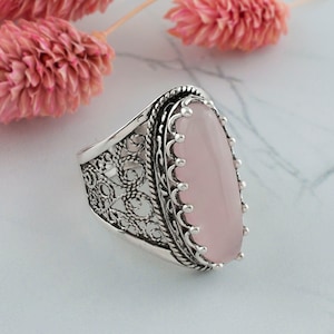 Rose Quartz Oval Statement Silver Ring, 925 Sterling Artisan Made Handcrafted Filigree Cocktail Ring Handmade Women Jewelry