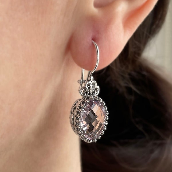 Pink Amethyst Silver Boho Heart Drop Earrings, 925 Sterling Silver Artisan Handmade Filigree Woman Dangle Earrings Jewelry, Gift for Mom