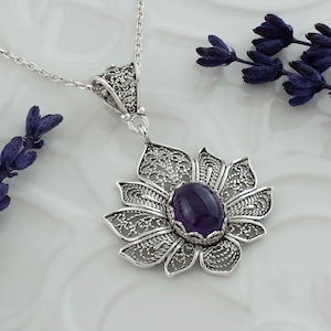 Amethyst Silver Lotus Flower Pendant Necklace, 925 Sterling Silver Artisan Handmade Filigree Large Floral Spiritual Women Jewelry