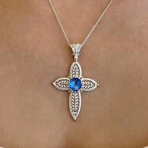 Blue Quartz Silver Large Cross Boho Pendant Necklace, 925 Sterling Silver Artisan Handmade Filigree Fancy Cross Jewelry with Rhodium Plated