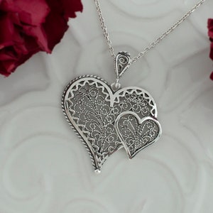 Sterling Silver Double Heart Boho Pendant Necklace, 925 Artisan Made Filigree Handmade Love Jewelry Birthday Gift for Her, Best Friend Gift