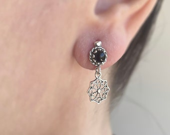 Black Onyx Silver Floral Tiny Star Boho Earrings, 925 Sterling Mini Flower Drop Earrings, Artisan Handcrafted Filigree Earrings