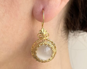 Gold Perlmutt Boho Silber Boho Ohrringe, 925 Sterling Gold überzogen Weiß Edelstein Handwerker Handmade viktorianischen filigranen antiken Design
