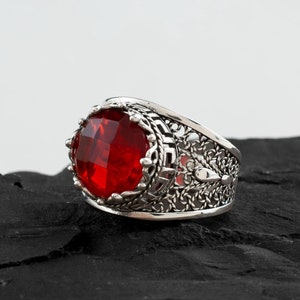 Ruby Silver Meander Bold Gothic Women Ring, Sterling Silver Artisan Made Filigree Women Greek Key Quartz Statement Ring, Ancient Greek Ring