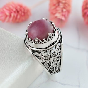 Anello di dichiarazione Boho floreale in argento rodonite Anello da cocktail in pietra preziosa autentica in argento sterling 925 realizzato artigianalmente in filigrana
