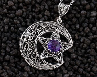 Amethyst Silber Halbmond und Stern Anhänger Halskette, 925 Sterling Silber, handgemachte filigrane himmlische Frauen Schmuck, Silber Geschenk für Sie