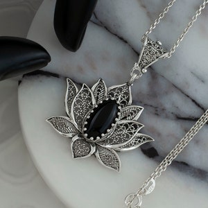 Black Onyx Silver Gothic Lotus Pendant Necklace, 925 Sterling Silver Artisan Made Filigree Floral Water Lily Women Jewelry, Victoria Flower
