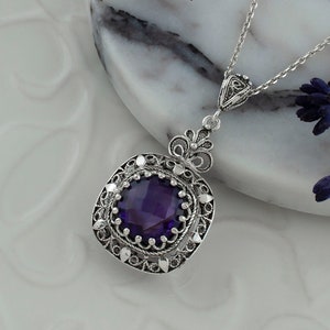 Amethyst Silver Victorian Pendant Necklace, 925 Sterling Artisan Made Filigree, Amethyst Gemstone Boho Woman Handmade Jewelry