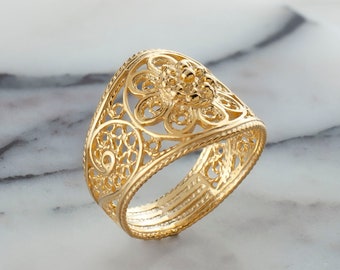 Gold Plated Silver Filigree Daisy Floral Ring, 925 Sterling Silver 18K Gold Plated Artisan Handmade Lace Women Statement Ring Jewelry