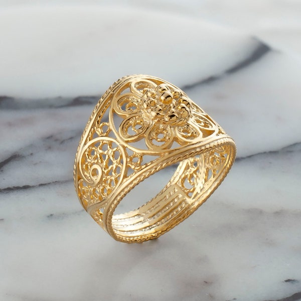 Gold Plated Silver Filigree Daisy Floral Ring, 925 Sterling Silver 18K Gold Plated Artisan Handmade Lace Women Statement Ring Jewelry