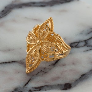 Gold Plated Silver Style Boho Cross Ring, 925 Sterling Silver Artisan Handmade Filigree Unisex Cross Ring, Religious Jewelry