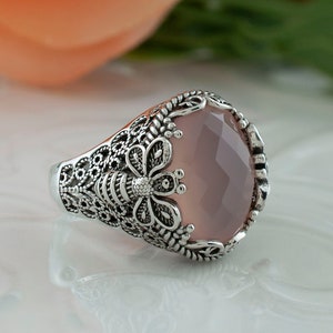 Pink Chalcedony Silver Bumble Bee Boho Ring, 925 Sterling Artisan Handmade Jewelry Ornate Ring, Pink Gemstone Filigree Women Cocktail Ring