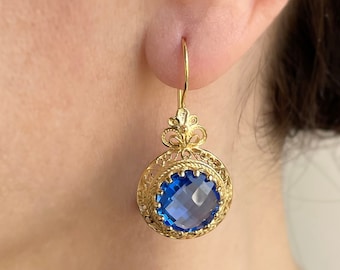 Gold Blue Quartz Edwardian Silver Drop Earrings, 925 Sterling Gold Plated Crystal Gem Artisan Handmade Victorian Filigree Antique Earrings