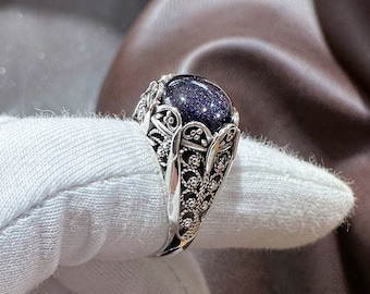 Galaxy Blau Goldstone Silber Versprechen Ring, Sterling Silber Artisan Handgemachte filigrane Verlobungsring Frauen, Gothic glänzenden Sandstein Ring