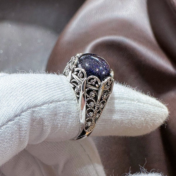 Galaxy Blue Goldstone Silver Promise Ring, Sterling Silver Artisan Handmade Filigree Engagement Women Ring, Gothic Shiny Sandstone Ring