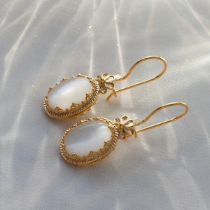 Gold Mother Pearl Edwardian Silver Drop Earrings, 925 Sterling Silver Gold Plated Handmade Filigree Vintage Woman Dangle Earrings Jewelry