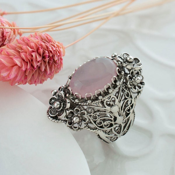 Rose Quartz Silver Oval Floral Statement Ring, 925 Sterling Artisan Made Handcrafted Flower Filigree Cocktail Ring Handmade Women Jewelry
